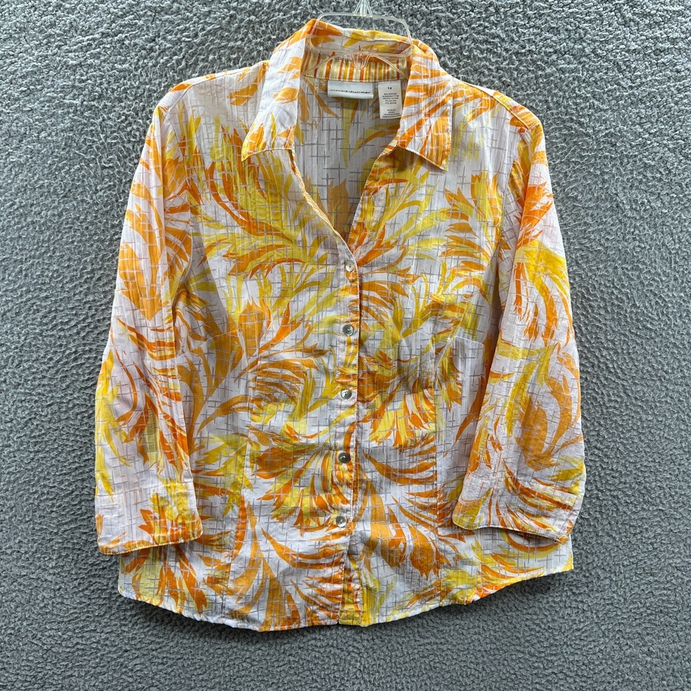 Womens Tropical Button Front Blouse 14 Palm Leaf Print Coastal Resort Cruise